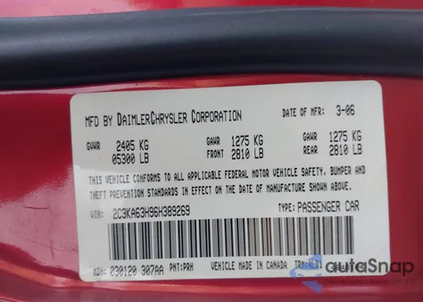 2006 Chrysler 300C z USA, uszkodzony, nr VIN 2C3KA63H96H389269